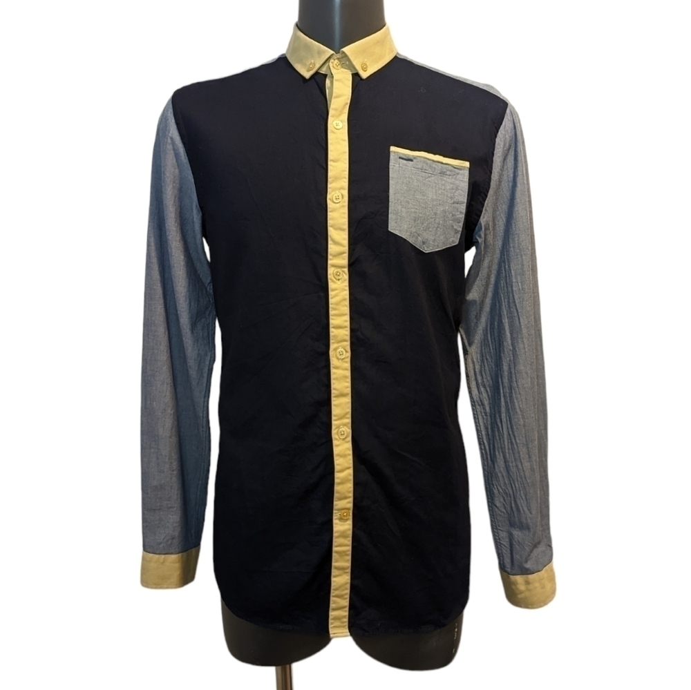 Simons Navy Blue Colour Block Button Front Shirt Medium Long Sleeves